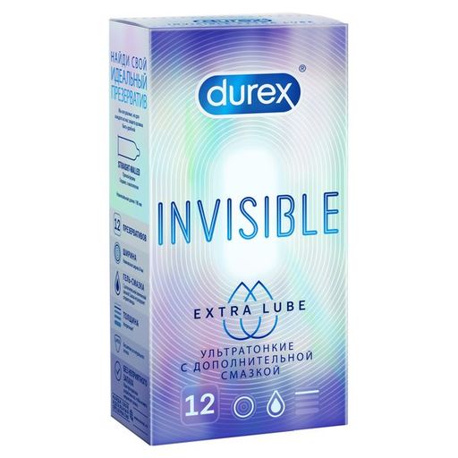 Презервативы Durex Invisible Extra Lube, презервативы, гладкие, 12 шт.