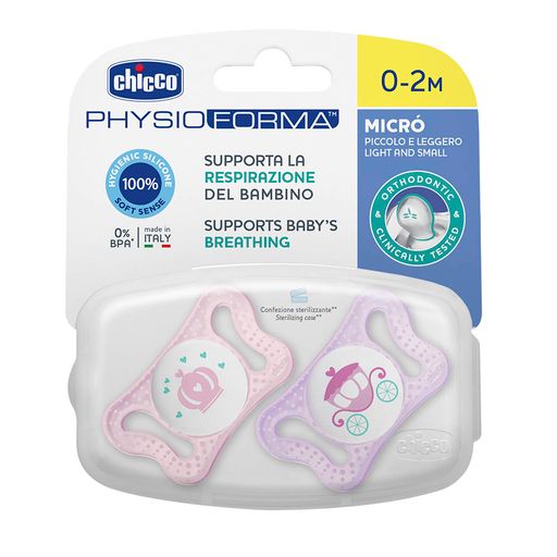 Chicco Physio Micro Пустышка силиконовая ортодонтическая, 0-2 месяца, розового цвета, 2 шт.