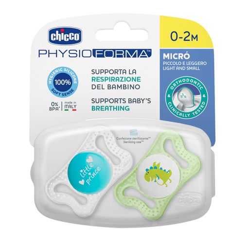 Chicco Physio Micro Пустышка силиконовая ортодонтическая, 0-2 месяца, голубого цвета, 2 шт.